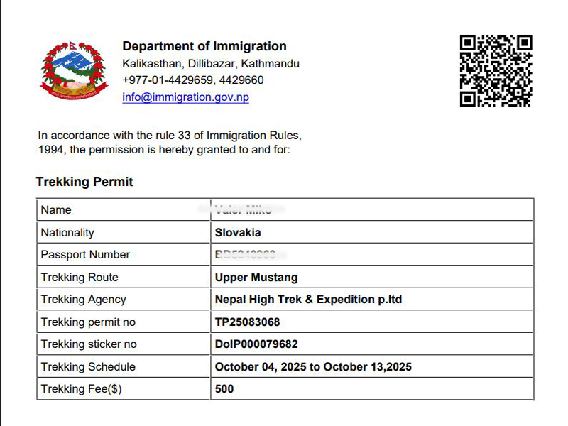 Upper Mustang Trek Permit